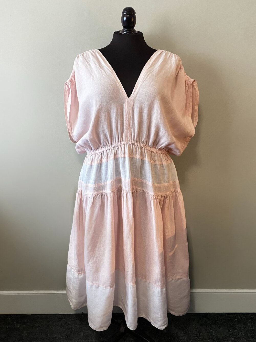 Handmade Plus Size Linen Sheer Light Pink White V-Neck Dress